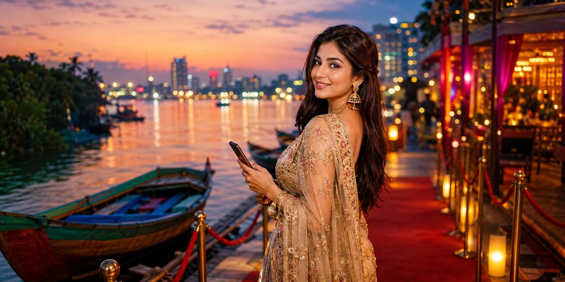 সুন্দরবনের পটভূমিতে শাড়ি পরিহিতা নারী মোবাইলে kkbd ক্যাসিনো ব্যবহার করছেন